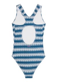 Eénstukswimsuit met een blauw-wit zigzagpatroon, scoopsnel, en brede banden. Gemaakt van lichtgewicht, elastisch materiaal.