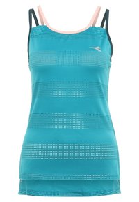 Turkos atletisk linne med tunna axelremmar, texturerade ränder och meshpaneler. Har en kontrasterande ljusrosa halsringning.