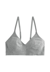 Sivi bralet s V-izrezom, napravljen od mekanog materijala. Ima tanke podesive naramenice i bešavnu završnicu za udobnost.