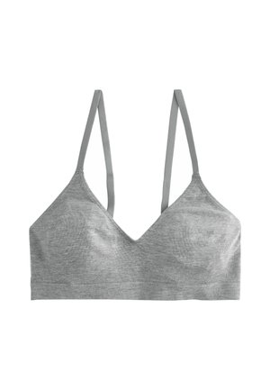 Grijze bralette met een V-hals ontwerp, gemaakt van zachte stof. Beschikt over dunne verstelbare bandjes en een naadloze afwerking voor comfort.