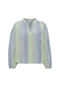 Blouse légère à rayures vertes et bleues avec un col, fermeture à bouton et manches bouffantes. Elle présente un tissu texturé avec une coupe décontractée.