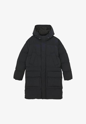 Czarna, ocieplana kurtka z kapturem, z dużymi przednimi kieszeniami, zapięciami na napy i pikowaną strukturą. Prosty, prosty krój.