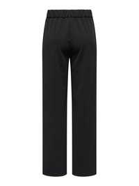 Pantalones negros de corte recto con cintura elástica, mostrados desde atrás sobre un fondo blanco.