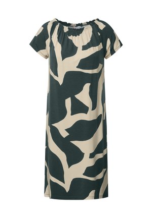 Korte mouw jurk met een ontspannen pasvorm, gemaakt van zachte stof met een abstract groen en beige patroon en een geplooide halslijn.