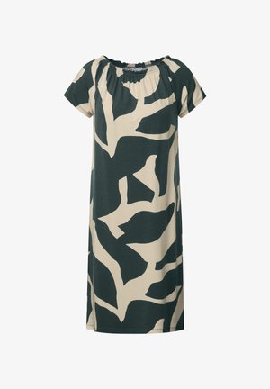 Sukienka z krótkim rękawem o luźnym kroju, wykonana z miękkiego materiału w abstrakcyjny zielono-beżowy wzór oraz z marszczoną linią dekoltu.