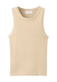 Beige příčkový top bez rukávů s kulatým výstřihem. Měkká, texturovaná tkanina s přiléhavým siluetem.