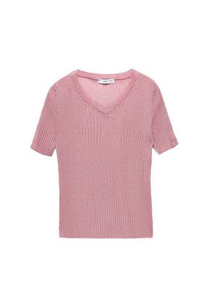 Pink short-sleeve sweater with a V-neck, featuring a ribbed texture and a fitted shape. Simple design, suitable for casual wear.