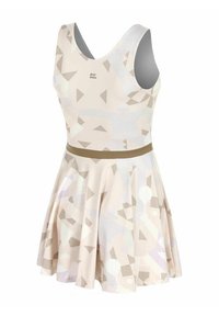 Mouwloze jurk met een uitlopend rokgedeelte, gemaakt van gladde stof. De basis is beige met geometrische patronen in zachte tinten en een bruine tailleband.