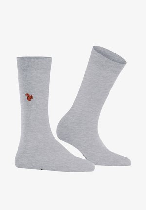 Calze in cotone grigio con bordo a costine e motivo ricamato di uno scoiattolo marrone. Texture liscia con un design classico.