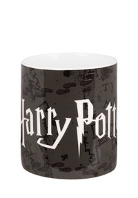 Tazza in ceramica con esterno lucido nero, testo "Harry Potter" bianco e un design simile a una mappa con modelli e texture sottili.