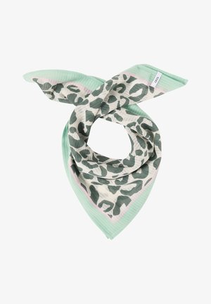 Lichtgroene sjaal met grijs-witte luipaardprint, roze accenten en een klein "CECIL" label aan de rand.