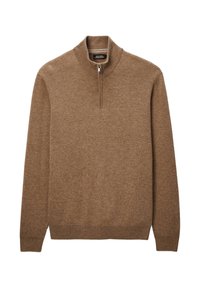 Pull en laine marron à manches longues avec col zippé mi-haut et poignets et ourlet côtelés, posé à plat sur un fond blanc.