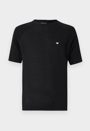 Black short-sleeve crew neck t-shirt with small white eagle logo on the left chest, displayed against a plain light background.