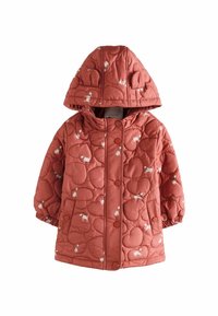 Veste matelassée couleur rouille avec capuche, ornée d'imprimés animaux blancs, de boutons-pression et de poignets élastiques pour un ajustement optimal.