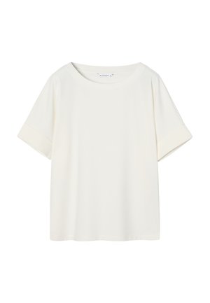 Maglietta a maniche corte color crema con scollo ampio e maniche risvoltate, realizzata in tessuto liscio e leggero. Senza motivi o dettagli.