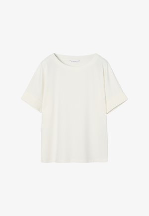 Maglietta a maniche corte color crema con scollo ampio e maniche risvoltate, realizzata in tessuto liscio e leggero. Senza motivi o dettagli.