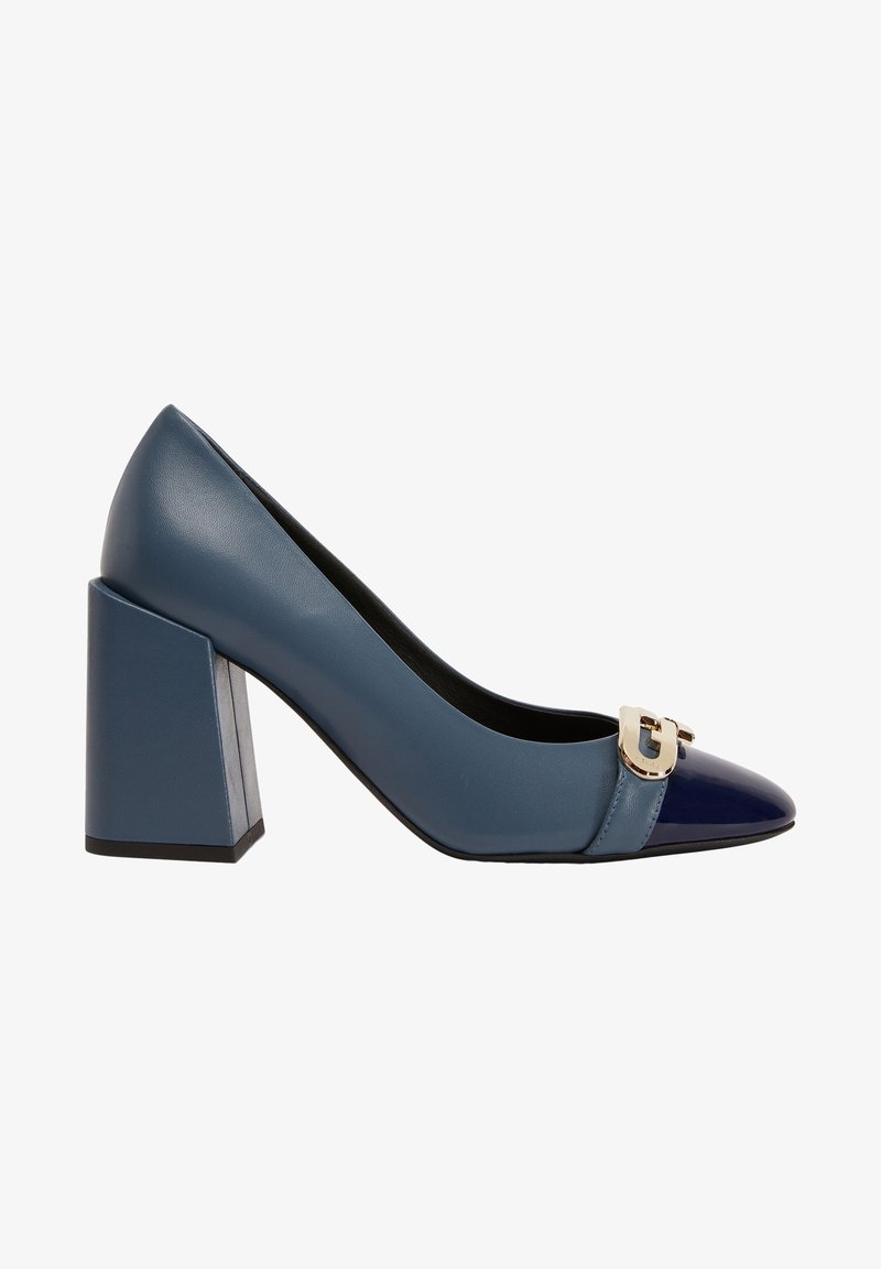 Blue leather high-heeled pump with a block heel, pointed toe, navy patent cap, and gold hardware accent on the front.