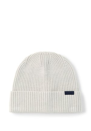 White knitted beanie with folded cuff and a small dark rectangular tag on the cuff, displayed on a white background.