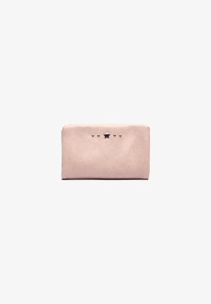 Pink leather wallet with a smooth texture, featuring silver-tone studs and a star accent on the front. Rectangular shape, zip closure.