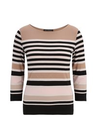Gestreiftes Langarmshirt in einer Farbpalette aus Beige, Schwarz und Pink. Glattes Material mit rundem Ausschnitt und figurbetontem Schnitt.