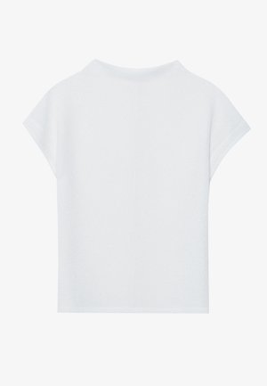 Top corto bianco a maniche corte caratterizzato da una vestibilità morbida, texture leggera e scollo tondo. Visto da dietro mostra un design semplice e fluido.