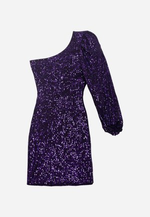 Purple sequin dress with one shoulder design, long puff sleeve, fitted shape, and textured surface, featuring reflective sequins throughout.