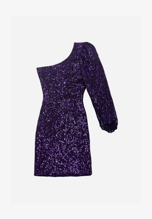 Lila Paillettenkleid mit asymmetrischem Schulterdesign, langem Puffärmel, figurbetonter Form und strukturierter Oberfläche, das durchgehende reflektierende Pailletten aufweist.