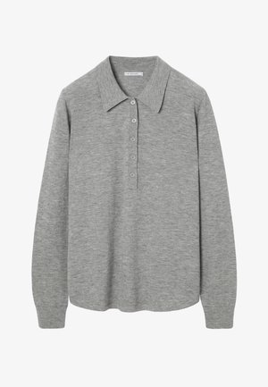Šedé polo tričko s dlouhým rukávem z měkkého pleteného materiálu, s špičatým límečkem, pěti knoflíkovou légou a zaobleným lemem.