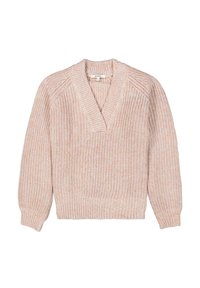 Helle rosa gestrickter Pullover mit V-Ausschnitt, gerippten Bündchen und Saum. Verfügt über ein strukturiertes Muster und eine lockere Passform, hergestellt aus weichem Garn.