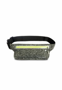 Grau Textil Bauchtasche mit schwarzem verstellbarem Gurt, ausgestattet mit einem gelben reflektierenden Reißverschluss und subtiler Textur, entworfen für praktisches Tragen.