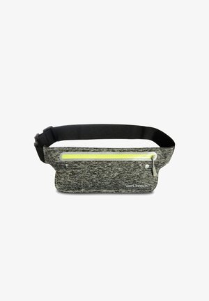 Grau Textil Bauchtasche mit schwarzem verstellbarem Gurt, ausgestattet mit einem gelben reflektierenden Reißverschluss und subtiler Textur, entworfen für praktisches Tragen.