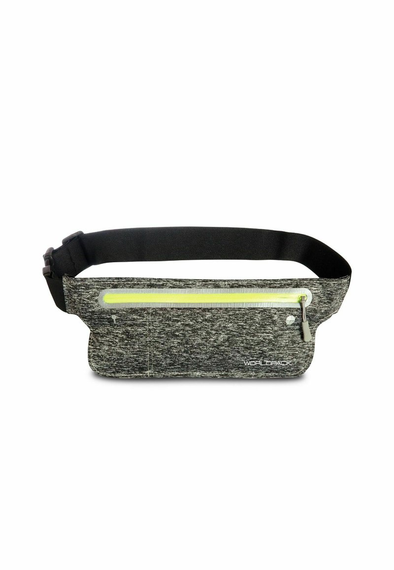 Grau Textil Bauchtasche mit schwarzem verstellbarem Gurt, ausgestattet mit einem gelben reflektierenden Reißverschluss und subtiler Textur, entworfen für praktisches Tragen.