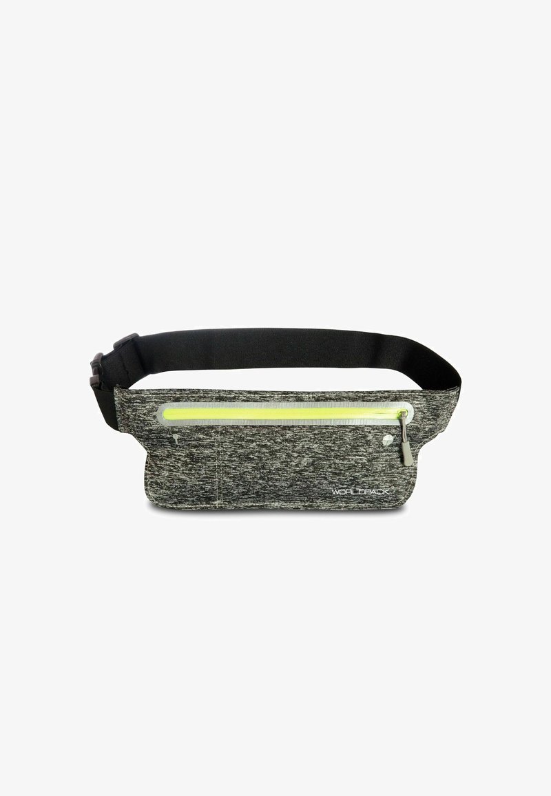 Grau Textil Bauchtasche mit schwarzem verstellbarem Gurt, ausgestattet mit einem gelben reflektierenden Reißverschluss und subtiler Textur, entworfen für praktisches Tragen.