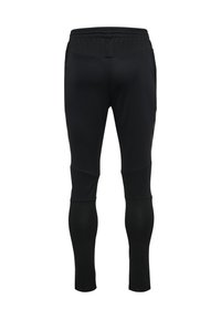 Schwarze sportliche Leggings mit einem enganliegenden Design, das einen strukturierten Taillenbund und kontrastierende Panelakzente an den Oberschenkeln aufweist.