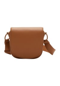 Brun läder crossbody-väska med en rund flap, texturerad yta, justerbar rem och minimalistisk design. Kompakt och funktionell stil.