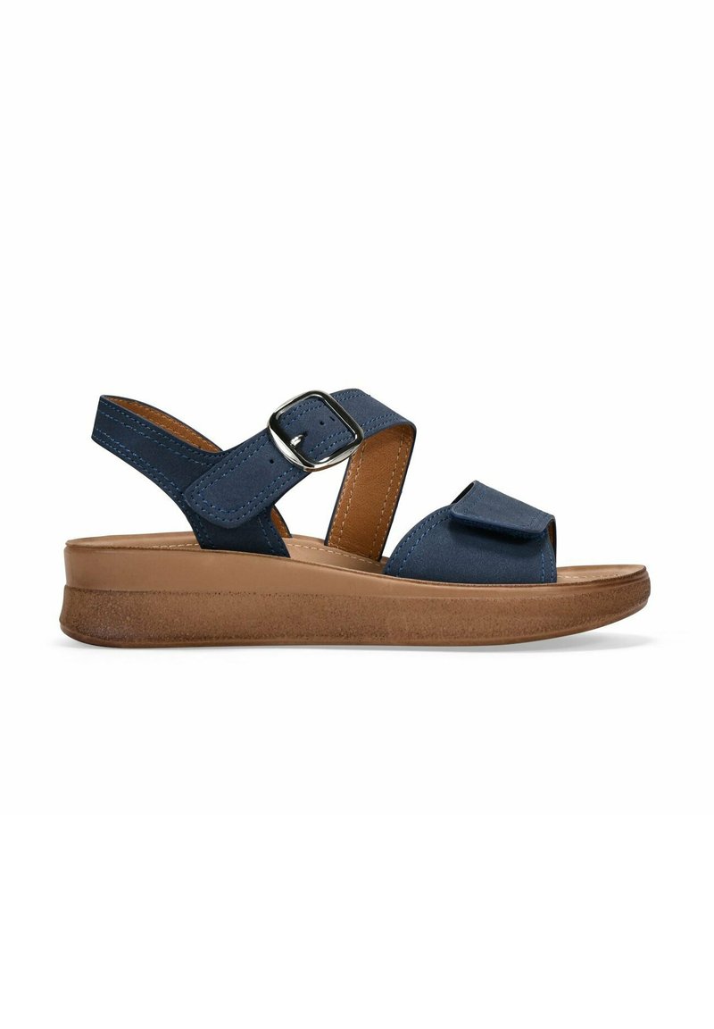Navy blue sandal with two straps, adjustable buckle, and a padded footbed. Light brown sole with textured surface. Open toe design.