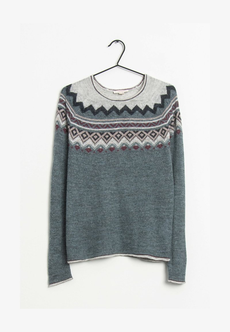 Pusero heathered teal -sävyssä, jossa on harmaasta, viinipunaisesta ja kermasta koostuva fair isle -kuvio kauluksen ja hihansuiden ympärillä. Neulottu rakenne.
