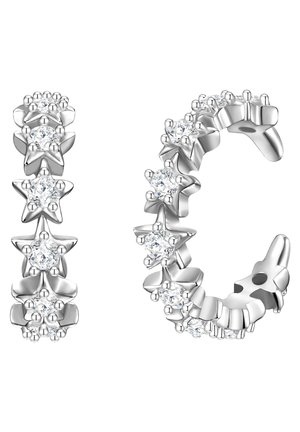 Silver hoop earrings adorned with star-shaped accents and clear gemstone inserts, showcasing a polished finish and intricate design.