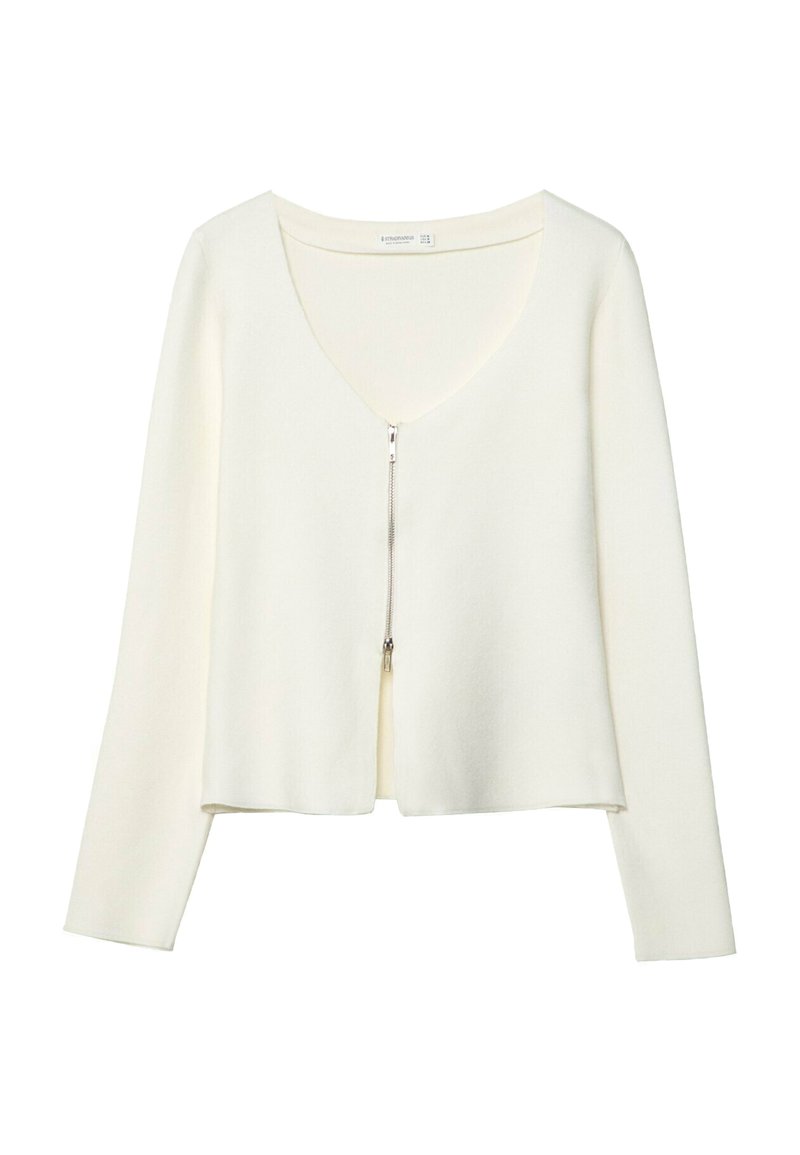 Cardigan bianco lavorato a maglia con scollatura a V, maniche lunghe e zip frontale. Tessuto testurizzato, design accorciato con orlo dritto.