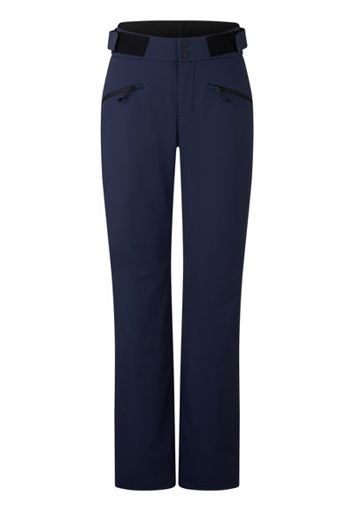 Navy waterproof trousers featuring a smooth texture, straight leg design, adjustable waistband with Velcro, and two zippered front pockets.