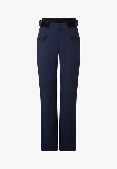 Navy waterproof trousers featuring a smooth texture, straight leg design, adjustable waistband with Velcro, and two zippered front pockets.