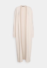 Długi kardigan z otwartym przodem w jasnym beżu. Wykonany z miękkiej, teksturowanej tkaniny z prążkowanymi mankietami. Charakteryzuje się luźną, zwiewną sylwetką.