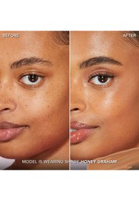 Before-and-after comparison showing a model's skin with freckles. Left: uneven tone; Right: smooth finish, wearing Honey Graham shade.