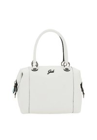 Borsa a mano in pelle bianca con manici arrotondati, hardware argentato, tasca laterale con zip e rifiniture nere. Presenta il logo del marchio sul davanti.