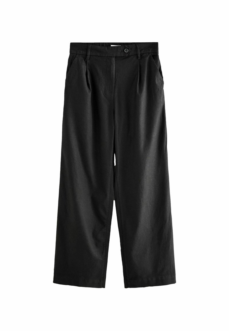 Pantalon noir à jambes larges avec plis sur le devant, poches latérales, passants pour ceinture et fermeture par bouton à la taille.