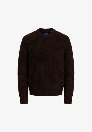 Brown knitted sweater with a round neckline, ribbed texture, and long sleeves. The fabric appears thick and warm, suitable for cold weather.