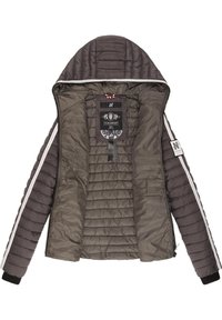 Doudoune matelassée gris foncé avec capuche. Présente une doublure lisse, des accents de rayures blanches sur les manches et une étiquette intérieure de marque.