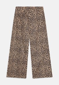 Beige en zwarte wijde broek met luipaardprint, voorzien van een elastische tailleband en een zachte textuur, ontworpen voor comfort en stijl.