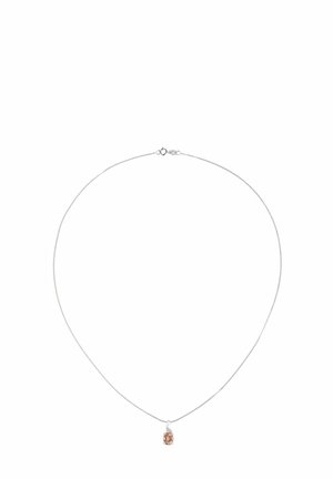 Collar de cadena de plata con un pequeño colgante de color rosa. La cadena es delicada, con una textura suave y un cierre seguro.