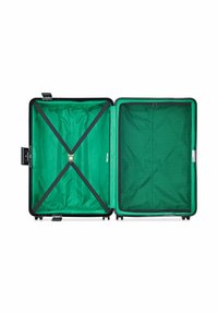 Maleta rígida negra con un interior de un vibrante color verde, que cuenta con correas cruzadas para estabilización y dos compartimentos para organización.